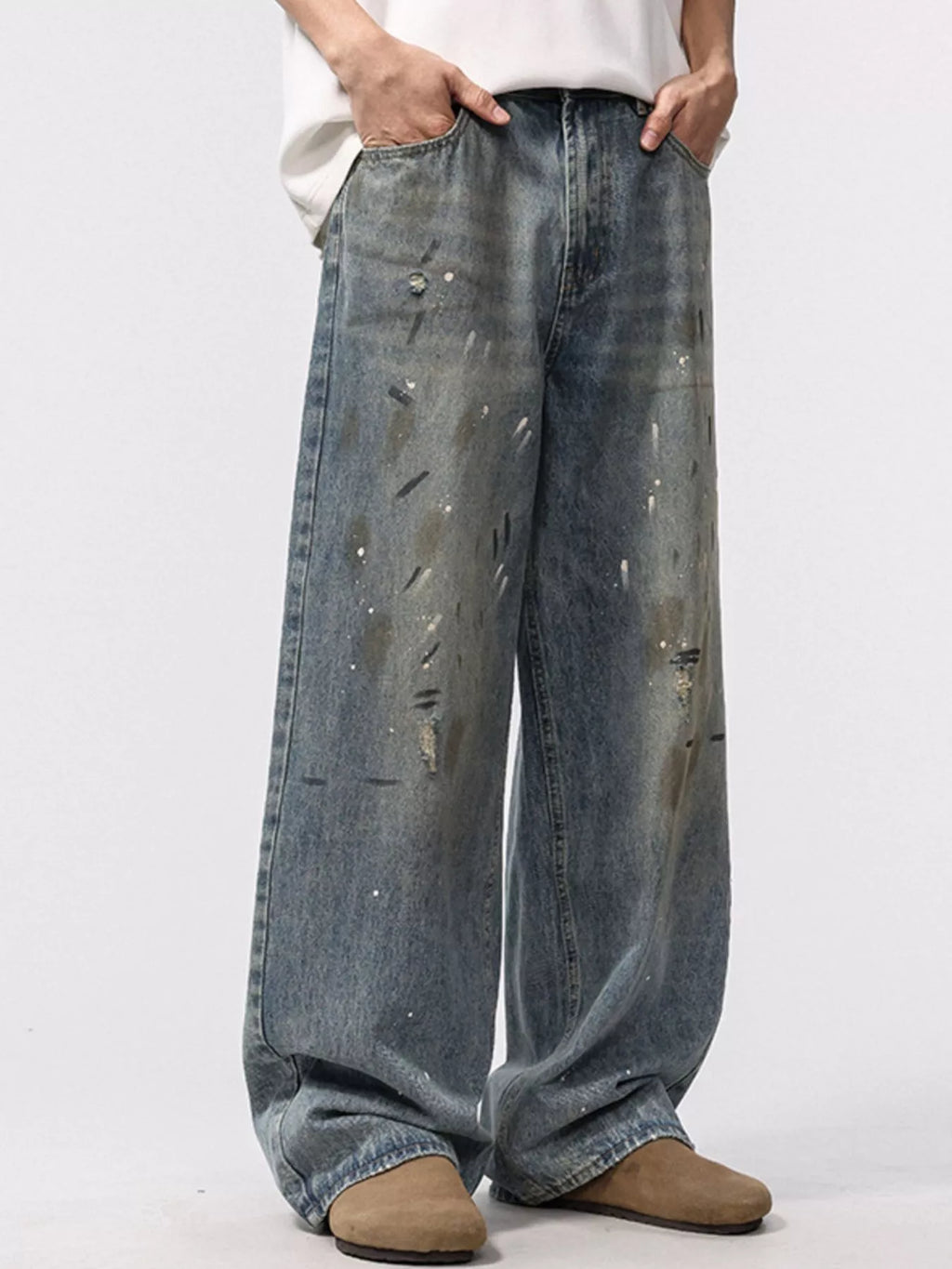 Men's Washed Distressed Wide-Leg Jeans